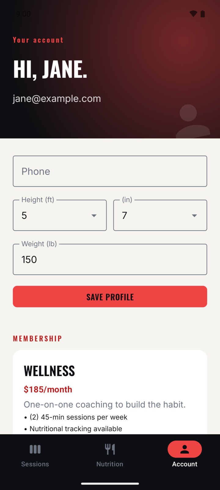 MFTC account tab with profile fields and the current plan.