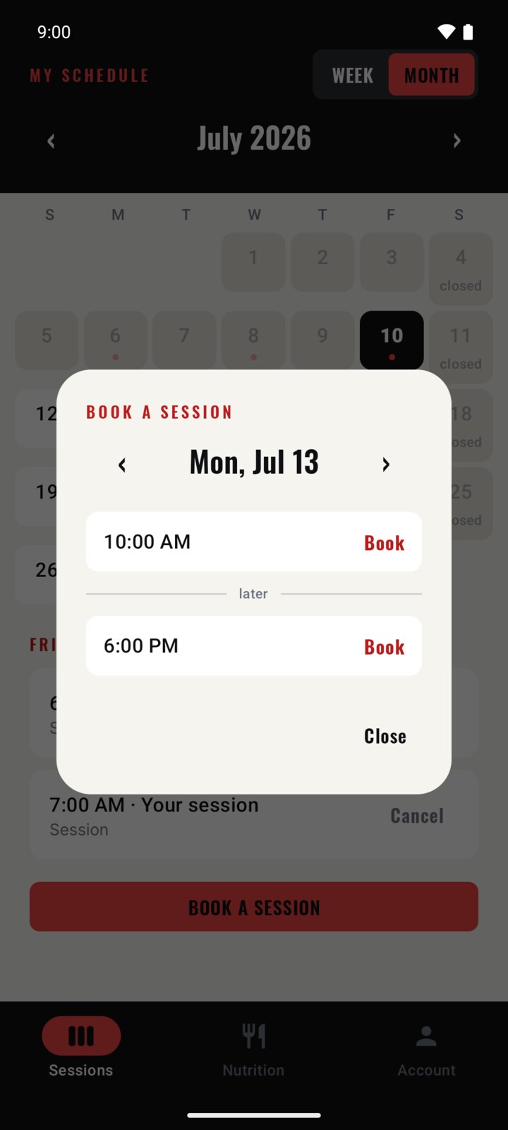 MFTC booking sheet listing available session times for a day.