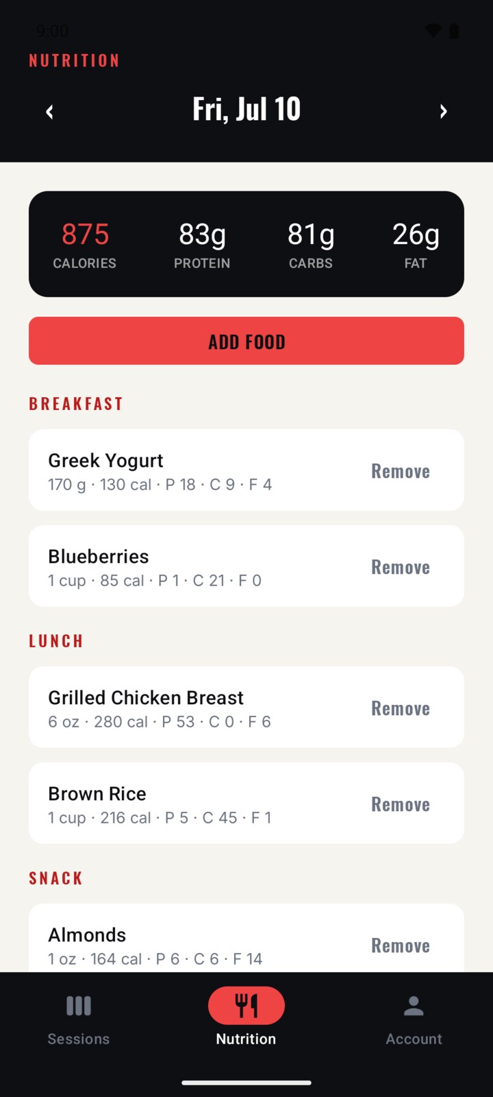 MFTC nutrition tab showing a day of logged meals with calorie and macro totals.