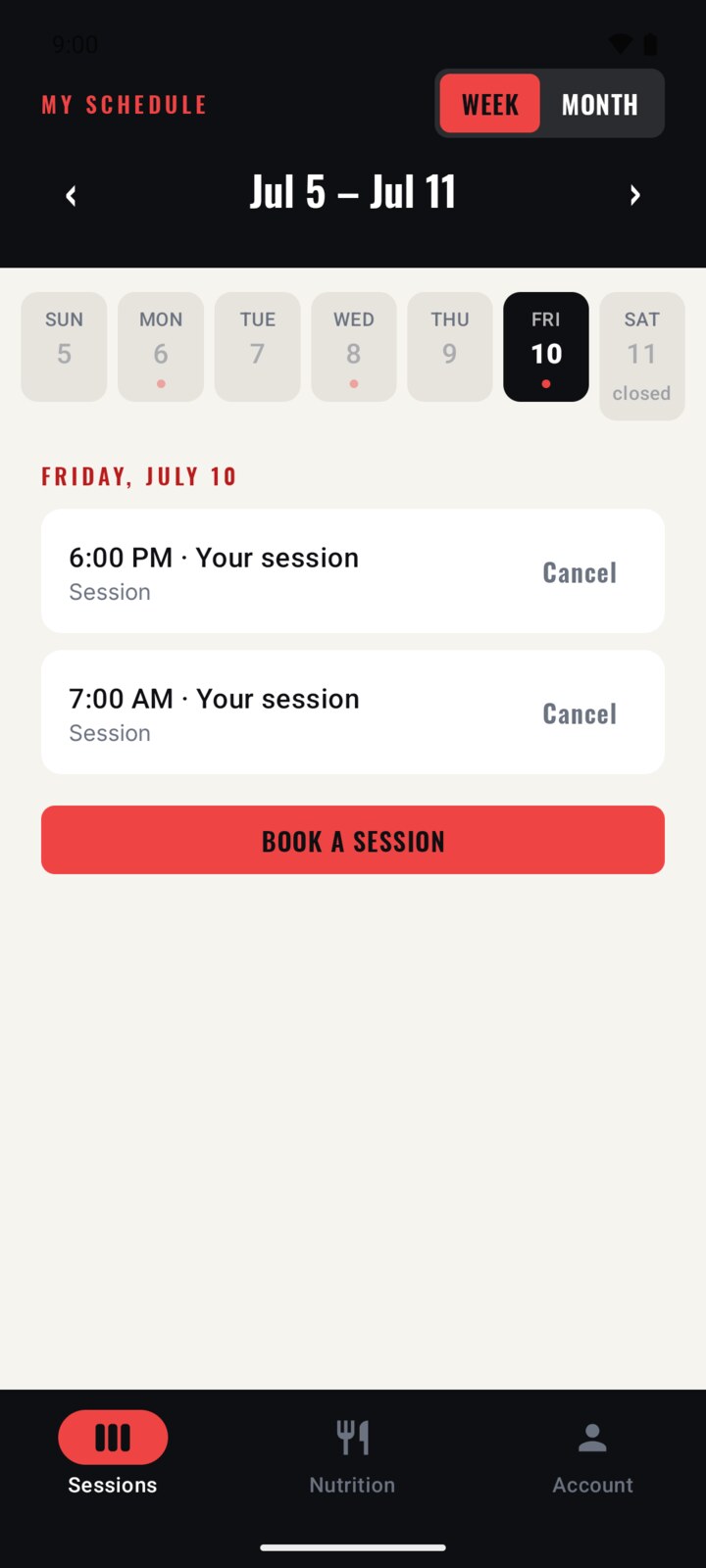 MFTC on Android showing the weekly training schedule.