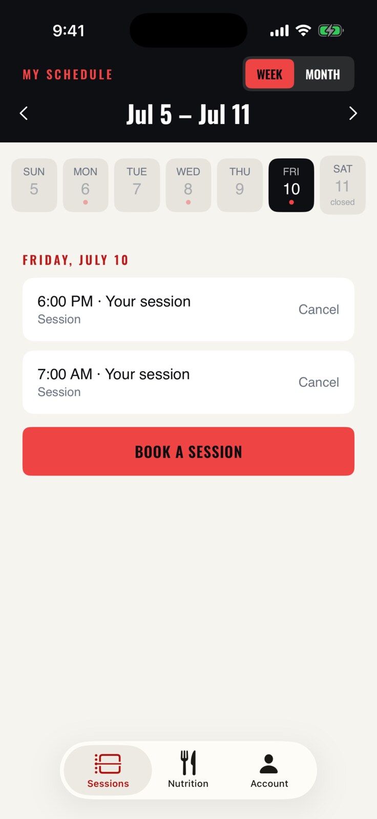 MFTC on iPhone showing the weekly training schedule.