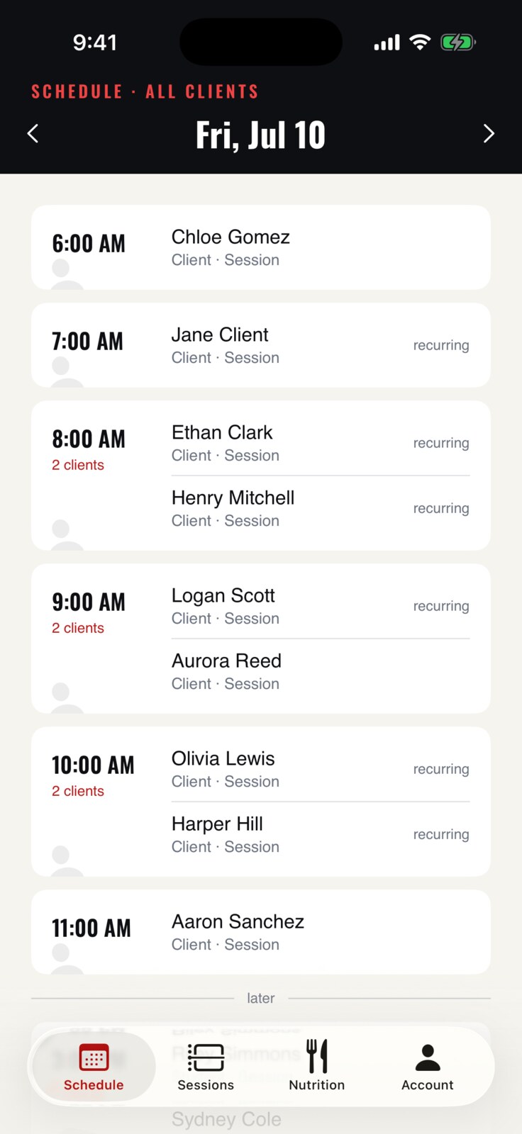 MFTC coach schedule on iPhone showing all clients for the day grouped by time slot.