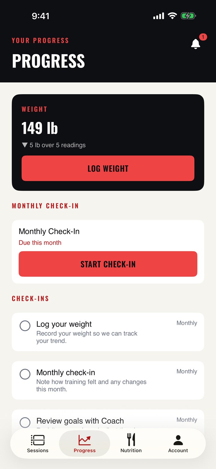 A weight trend in the MFTC app, above the check-ins assigned by Coach Peters.