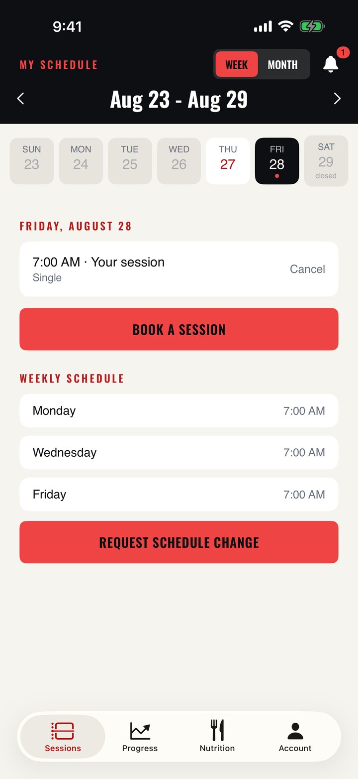 The MFTC app on iPhone showing a week of training, a booked 7:00 AM session, and the standing weekly schedule below it.